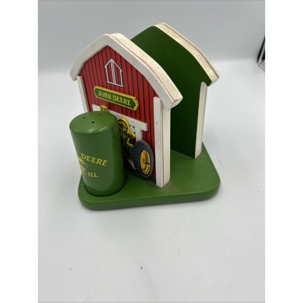 John Deere Wooden Salt & Pepper Shakers Set Barn Stand Moline IL Farm Decor